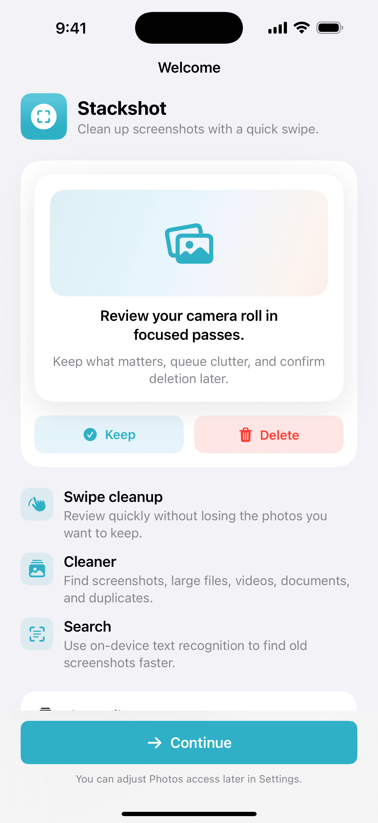 StackShot welcome screen showing its private photo review workflow